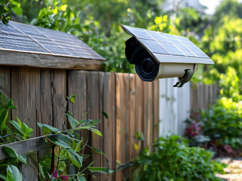 The Ultimate Guide to Solar-Powered Security Cameras: Sustainable, Wire-Free Protection for Every Property 2 A modern solar-powered security camera mounted on a wooden fence overlooking a garden