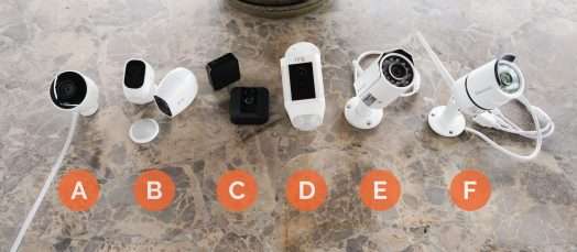 Six home security cameras with letters