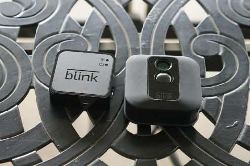 Blink XT camera displayed on patio table