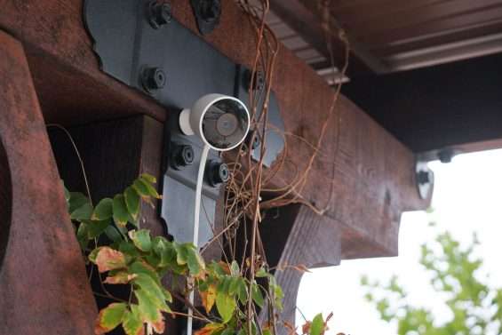 Nest camera mounted to wood beam
